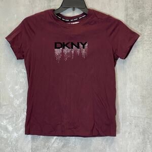 DKNY Sport Women's Burgundy Rhinestone Embellished Logo Crewneck Short Sleeve